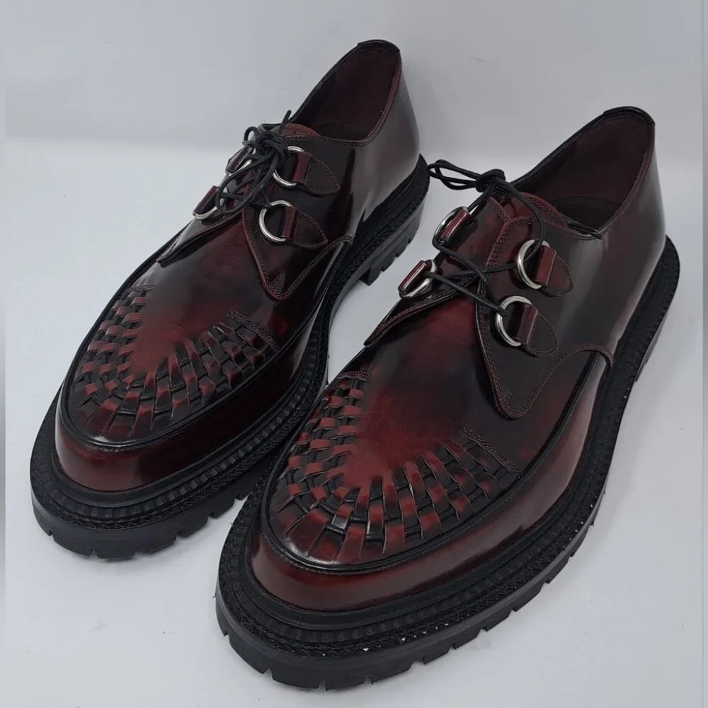Burberry Mens Shoes Burgundy Leather Woven Lace Up Platform Creepers 11 US 44 EU